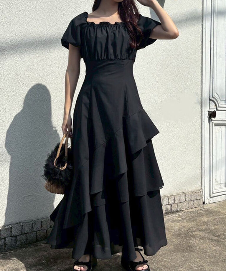  「【Black collection】イレヘムティアードロングワンピース」|ワンピース|
