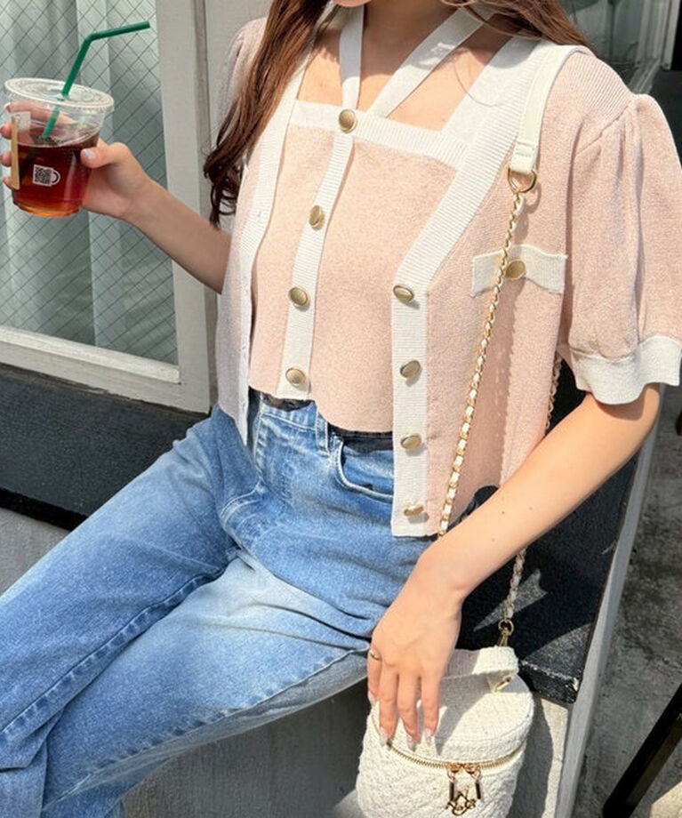  「【セット対応】配色ラメニット半袖カーディガン」|ニット・セーター|