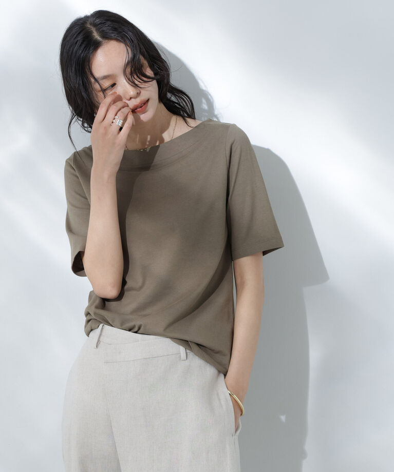 nano･universe「Anti Soaked(R) 汗染み防止ボートネックTシャツ」|Tシャツ・カットソー|カーキ
