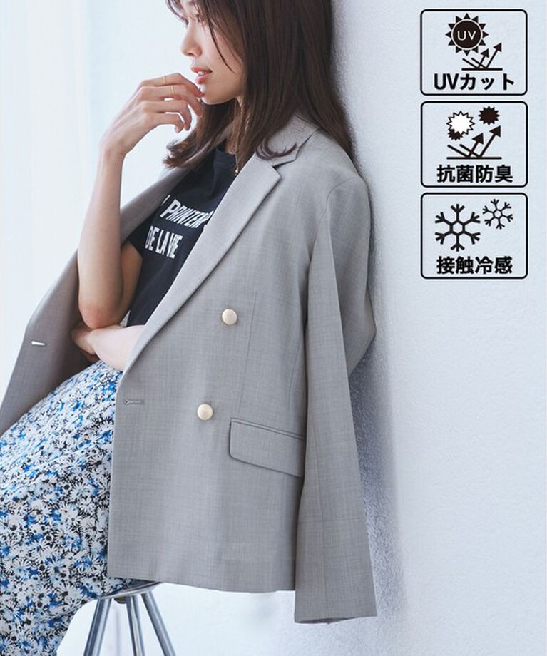 Rope’Picnic「【抗菌防臭・接触冷感・UVカット】カナパ金ボタンジャケット/通勤・セットアップ対応」|テーラードジャケット|グレー(07)