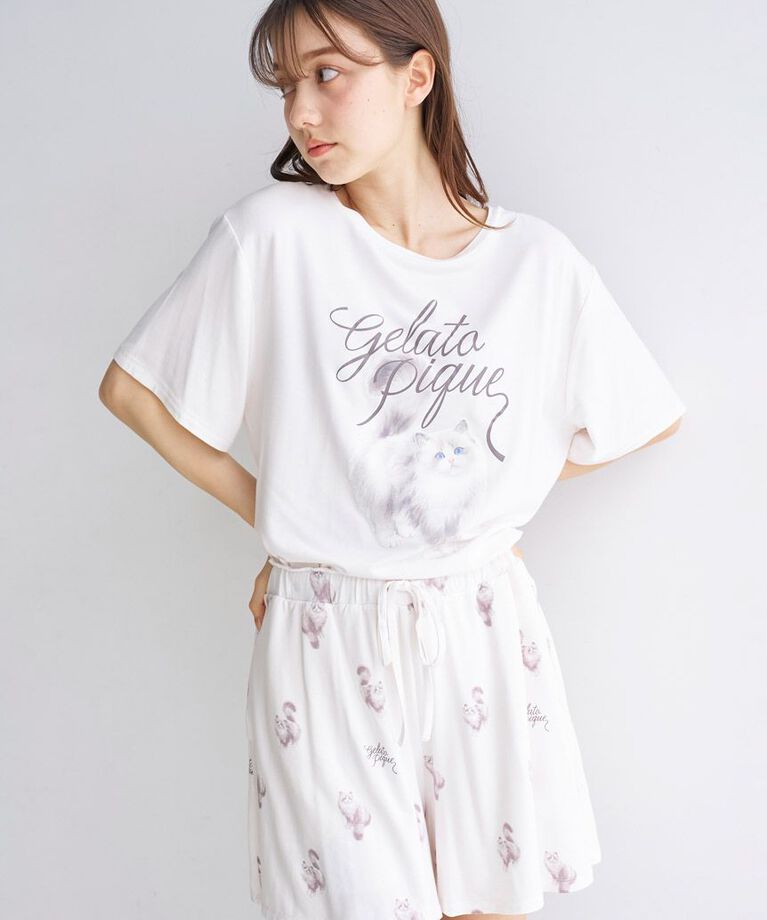 gelato pique「【ONLINE限定】CAT柄ワンポイントTシャツ&ショートパンツセット」|ルームウェア|
