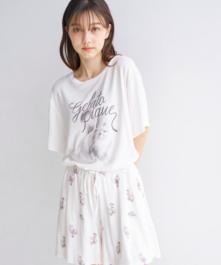 gelato pique「【ONLINE限定】CAT柄ワンポイントTシャツ&ショートパンツセット」|ルームウェア|