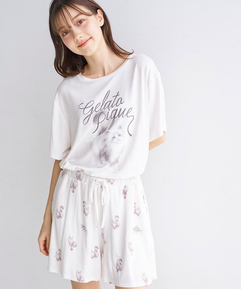 gelato pique「【ONLINE限定】CAT柄ワンポイントTシャツ&ショートパンツセット」|ルームウェア|