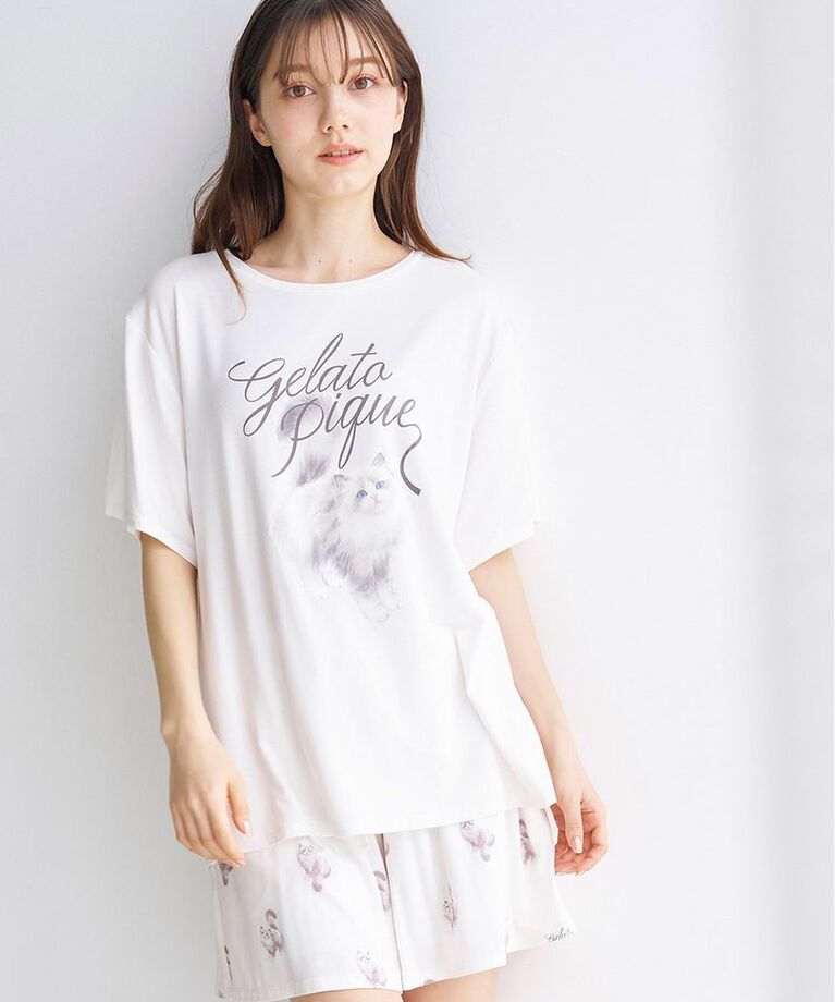 gelato pique「【ONLINE限定】CAT柄ワンポイントTシャツ&ショートパンツセット」|ルームウェア|