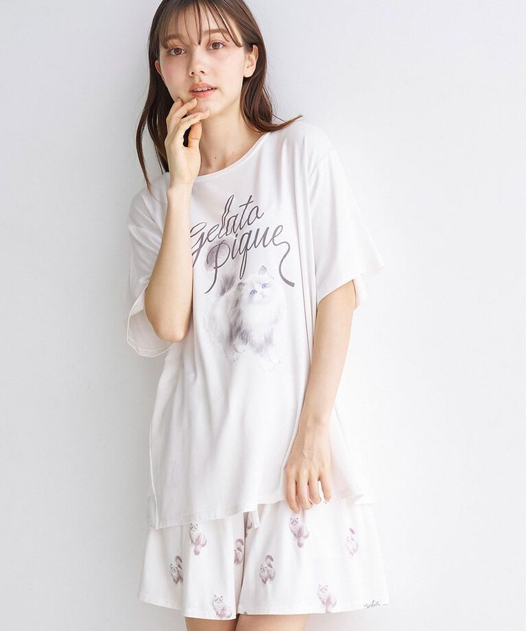 gelato pique「【ONLINE限定】CAT柄ワンポイントTシャツ&ショートパンツセット」|ルームウェア|