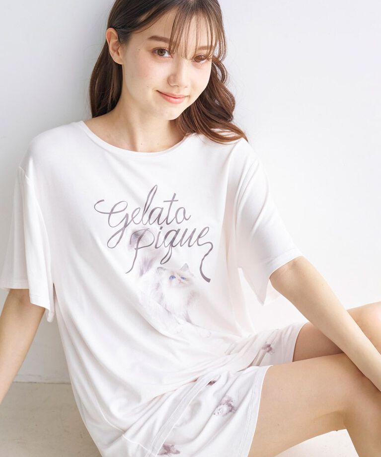gelato pique「【ONLINE限定】CAT柄ワンポイントTシャツ&ショートパンツセット」|ルームウェア|
