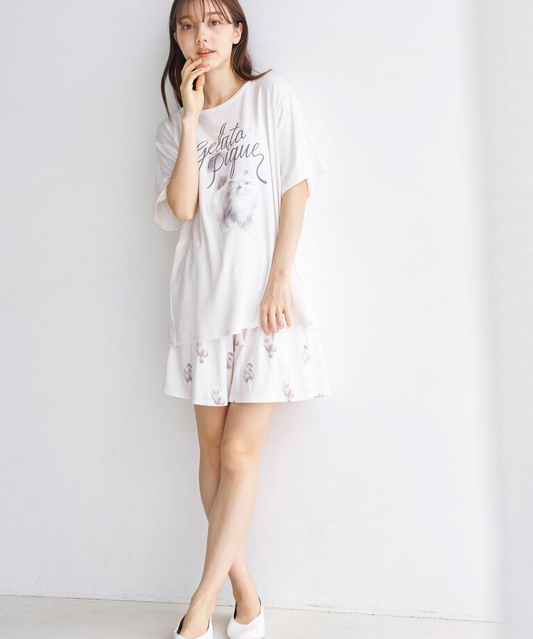 gelato pique「【ONLINE限定】CAT柄ワンポイントTシャツ&ショートパンツセット」|ルームウェア|