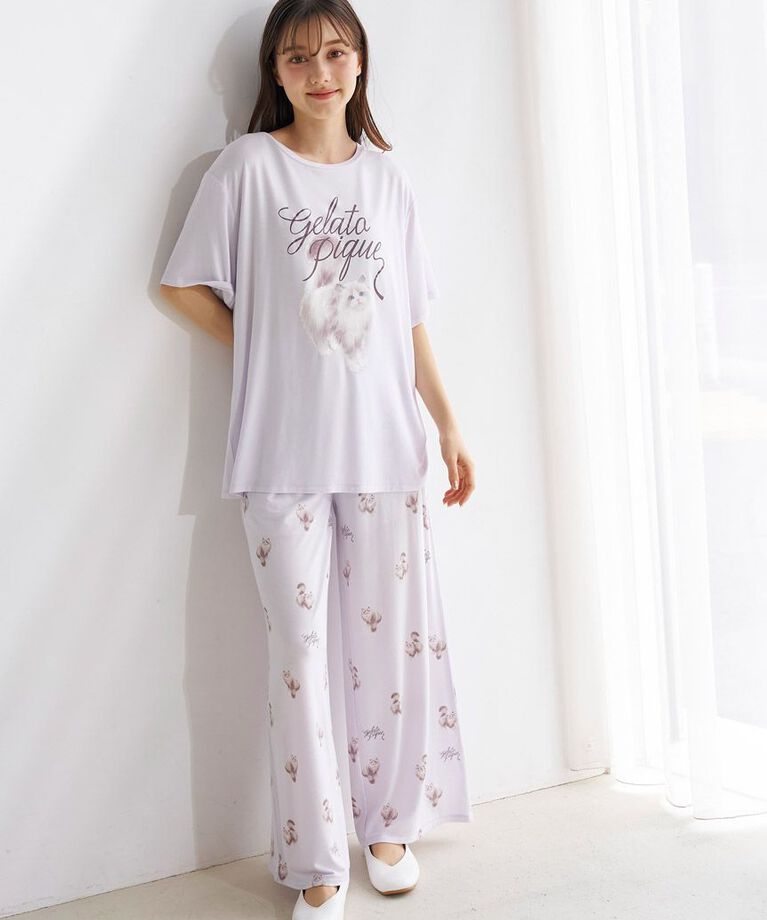 gelato pique「【ONLINE限定】CAT柄ワンポイントTシャツ&ロングパンツセット」|ルームウェア|