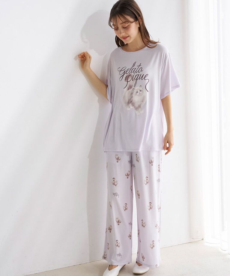 gelato pique「【ONLINE限定】CAT柄ワンポイントTシャツ&ロングパンツセット」|ルームウェア|