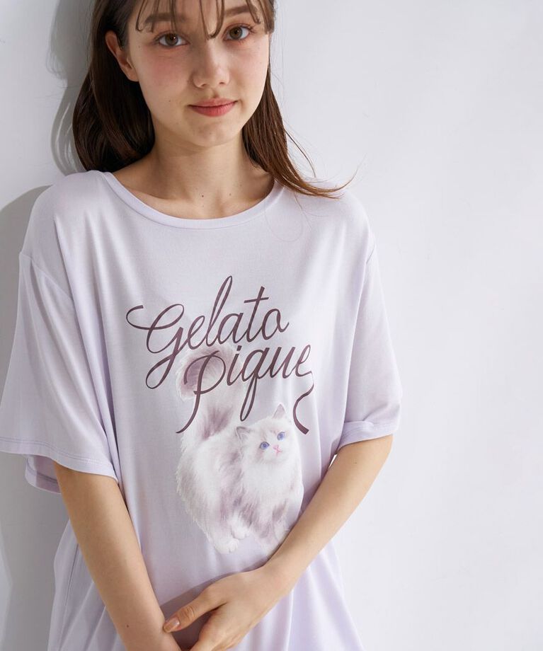 gelato pique「【ONLINE限定】CAT柄ワンポイントTシャツ&ロングパンツセット」|ルームウェア|