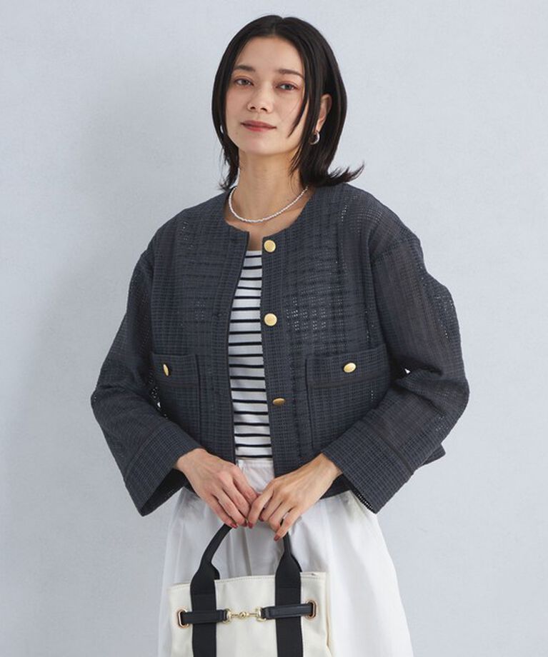 UNITED ARROWS green label relaxing「カラミ レース ノーカラー ジャケット」|ノーカラージャケット|NAVY