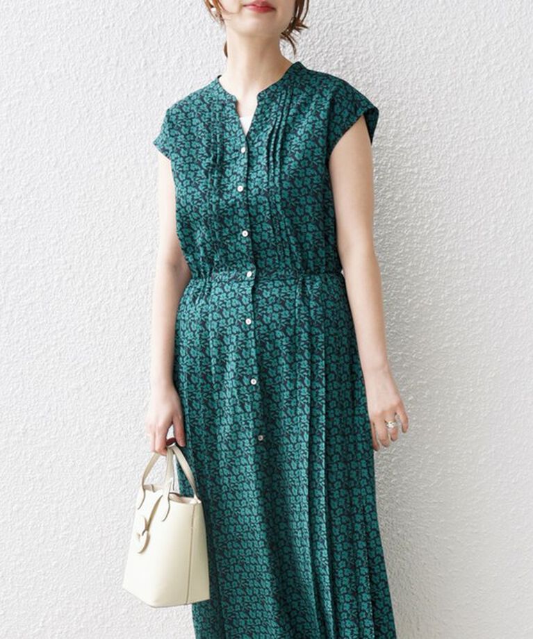 SHIPS for women「【WEB限定】〈洗濯機可能〉ドット 花柄 サイド プリーツ フレンチスリーブ ワンピース」|ワンピース|ダークグリーン