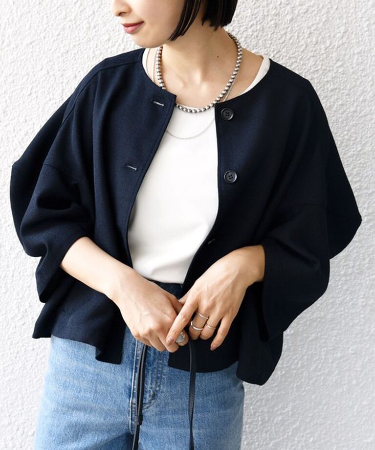 SHIPS for women「【WEB限定】〈洗濯機可能〉リネンライク ランタン袖 ジャケット」|シャツ・ブラウス|ネイビー