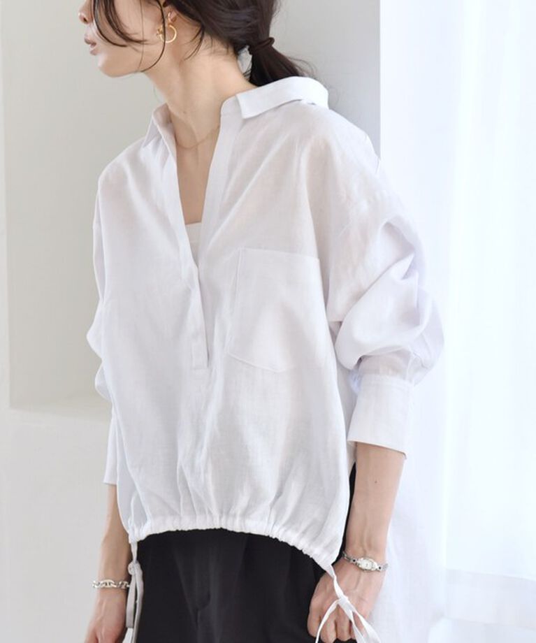quaranciel「quaranciel:〈洗濯機可能〉リネン ミックス フロントギャザー スキッパー シャツ」|シャツ・ブラウス|ホワイト