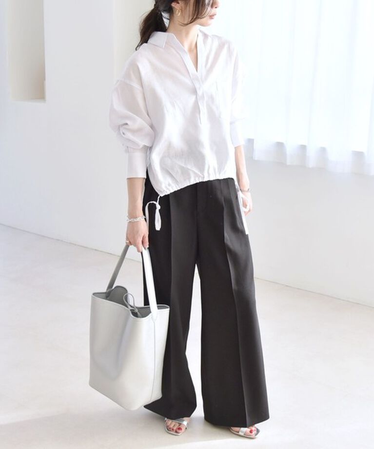 quaranciel「quaranciel:〈洗濯機可能〉リネン ミックス フロントギャザー スキッパー シャツ」|シャツ・ブラウス|