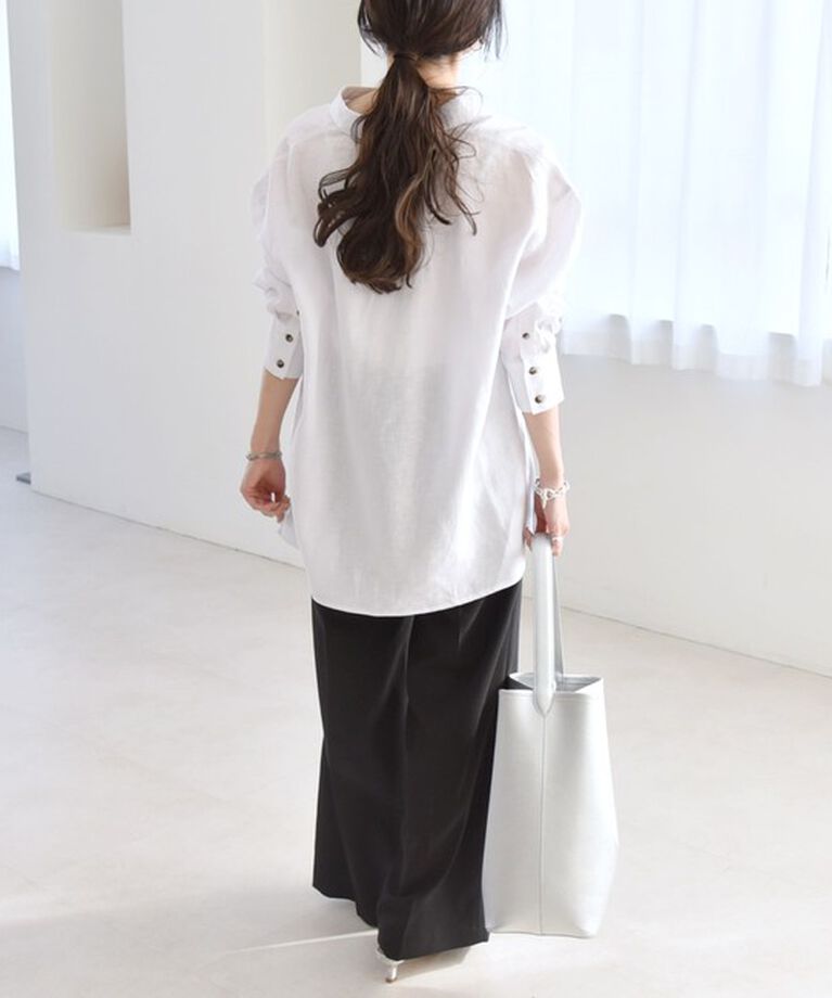 quaranciel「quaranciel:〈洗濯機可能〉リネン ミックス フロントギャザー スキッパー シャツ」|シャツ・ブラウス|