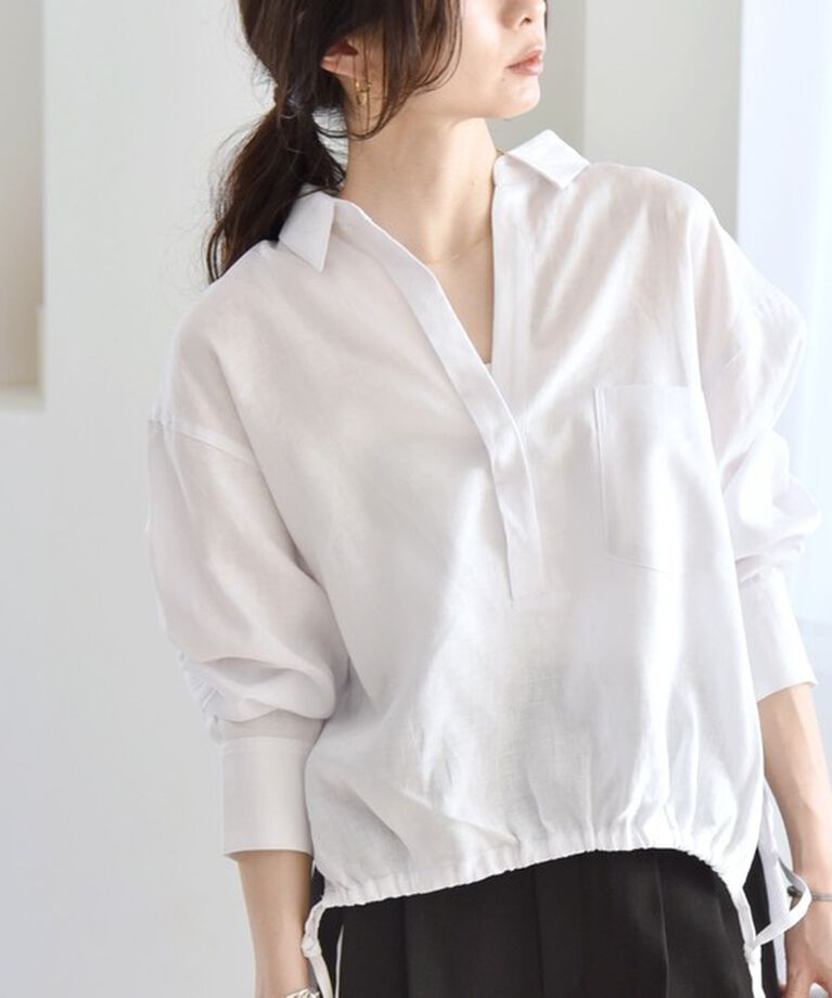 quaranciel「quaranciel:〈洗濯機可能〉リネン ミックス フロントギャザー スキッパー シャツ」|シャツ・ブラウス|