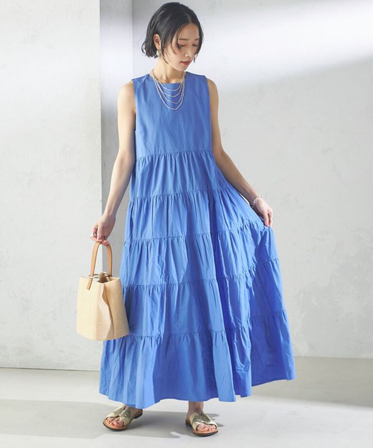 SHIPS for women「〈手洗い可能〉Fanaka:ポプリン ティアード ロング ワンピース」|ワンピース|ブルー系
