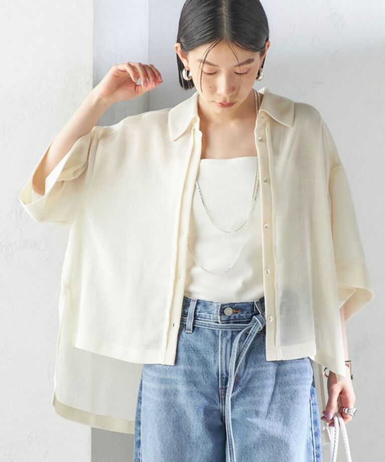 SHIPS for women「〈手洗い可能〉麻調 メッシュ 半袖 ビッグ シャツ」|シャツ・ブラウス|オフホワイト