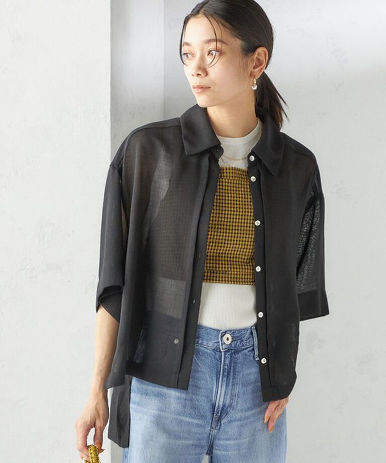 SHIPS for women「〈手洗い可能〉麻調 メッシュ 半袖 ビッグ シャツ」|シャツ・ブラウス|ブラック