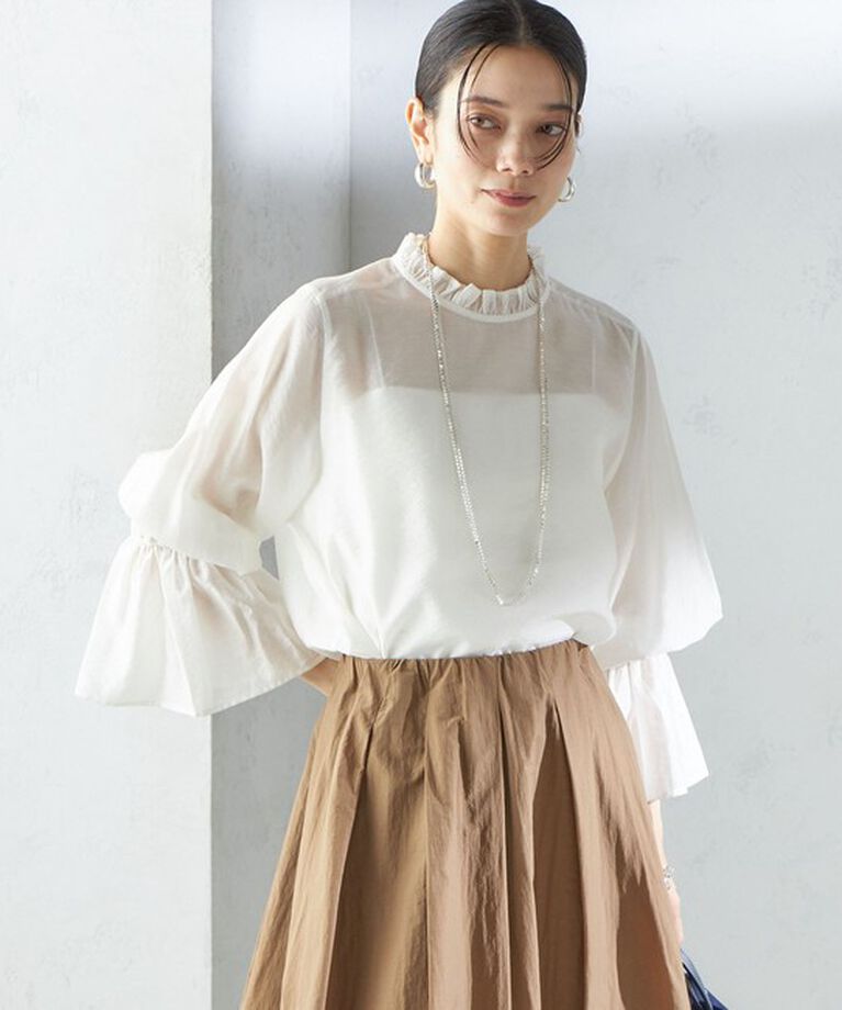 SHIPS for women「〈手洗い可能〉シルク混 シャイニー フリル スリーブ ブラウス」|シャツ・ブラウス|