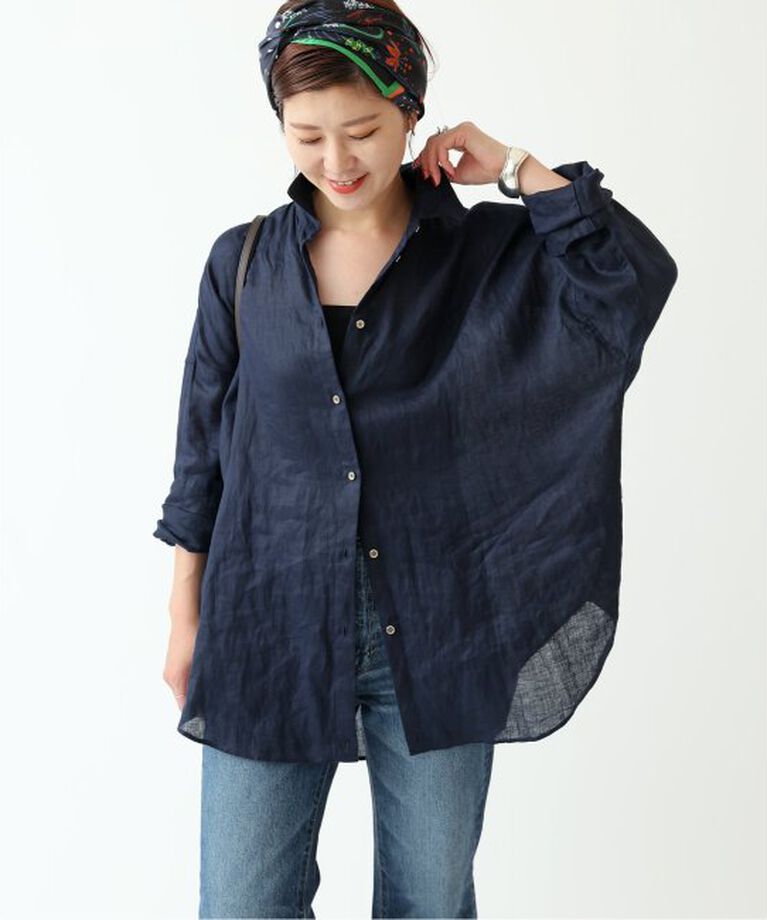 Spick and Span「《追加》80リネンカシュクールビッグシャツ」|シャツ・ブラウス|ネイビー