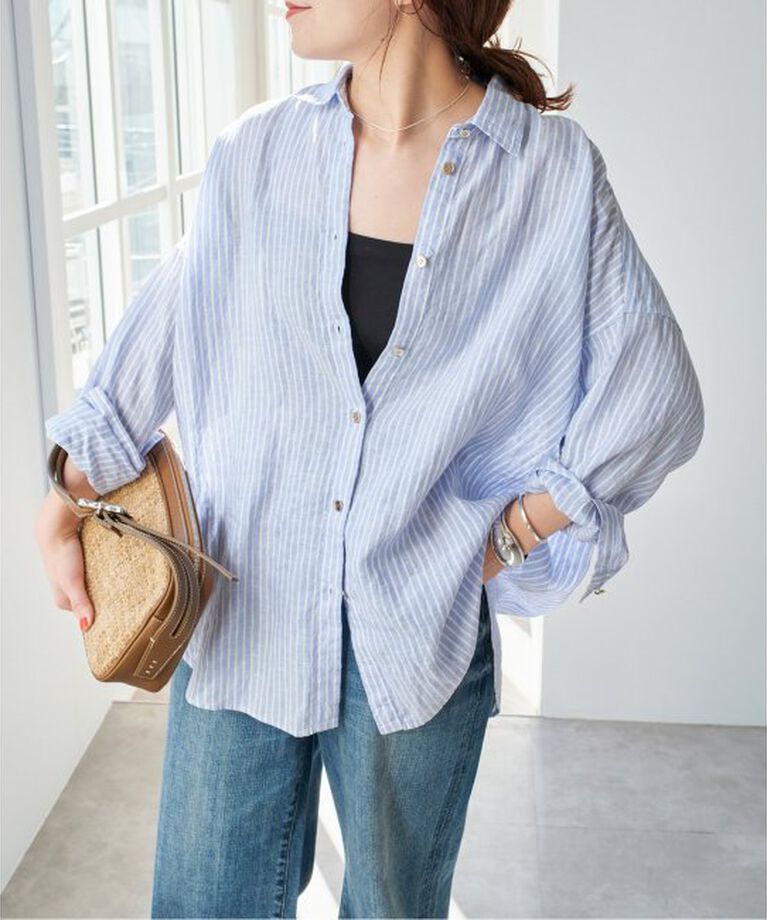 Spick and Span「《追加》80リネンカシュクールビッグシャツ」|シャツ・ブラウス|サックスベース