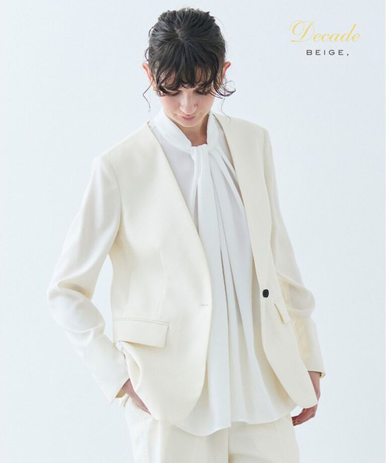 BEIGE,「【洗える】CAROLE / リネンライクノーカラーハーフ丈ジャケット」|ノーカラージャケット|Ecru