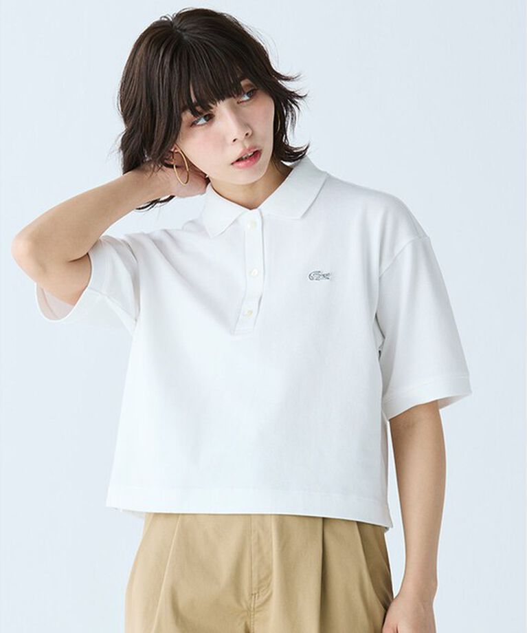 LACOSTE「ヘビーウェイト鹿の子 ワイド クロップド丈 半袖ポロシャツ」|ポロシャツ|ホワイト