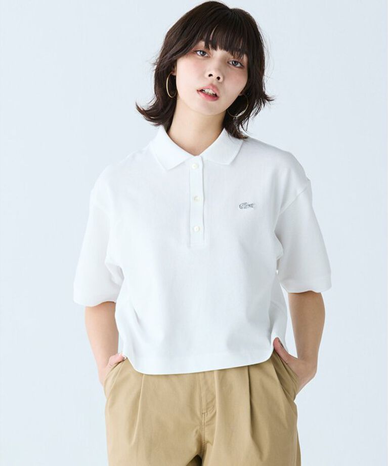 LACOSTE「ヘビーウェイト鹿の子 ワイド クロップド丈 半袖ポロシャツ」|ポロシャツ|