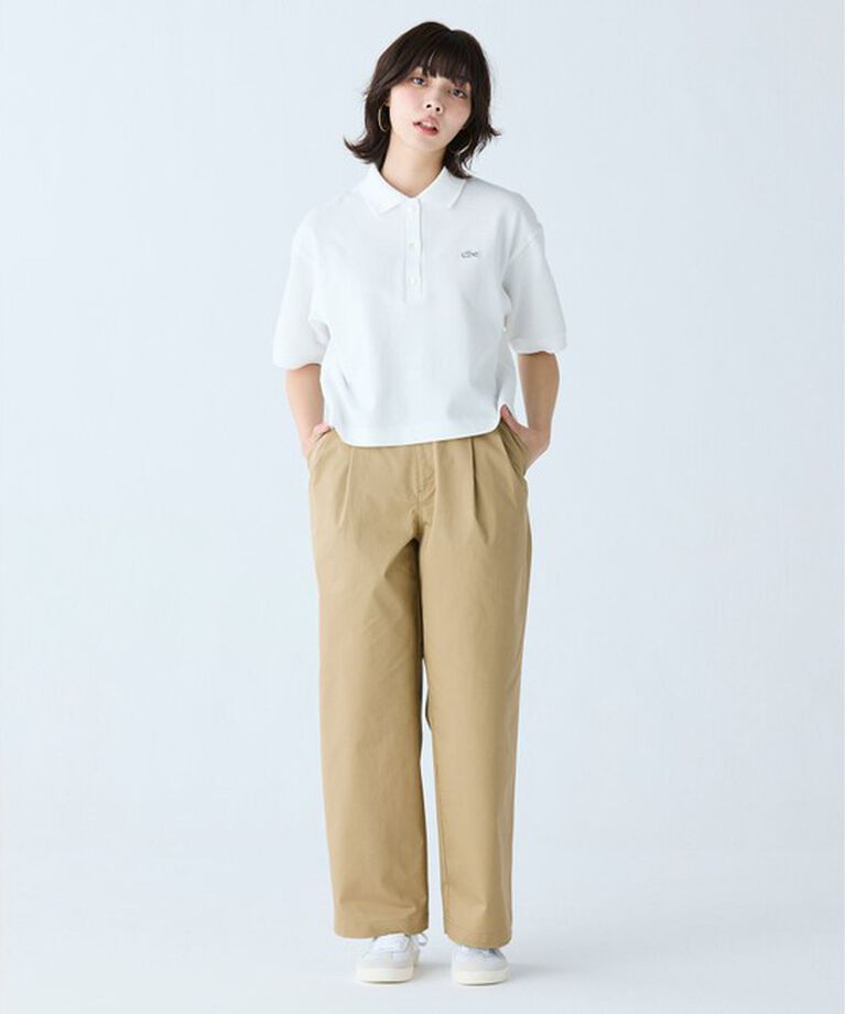 LACOSTE「ヘビーウェイト鹿の子 ワイド クロップド丈 半袖ポロシャツ」|ポロシャツ|
