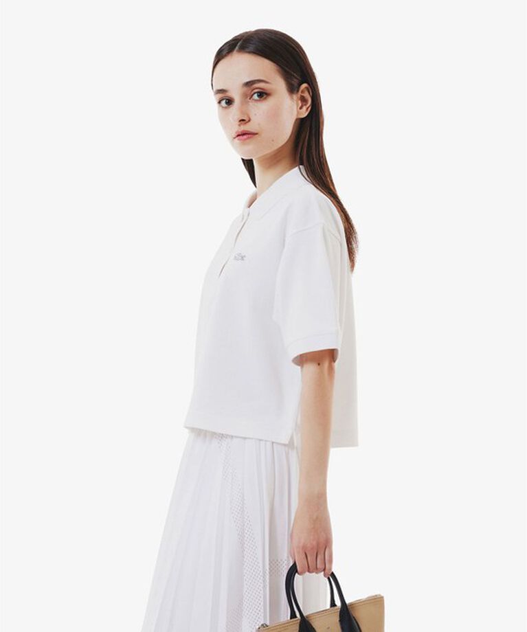 LACOSTE「ヘビーウェイト鹿の子 ワイド クロップド丈 半袖ポロシャツ」|ポロシャツ|