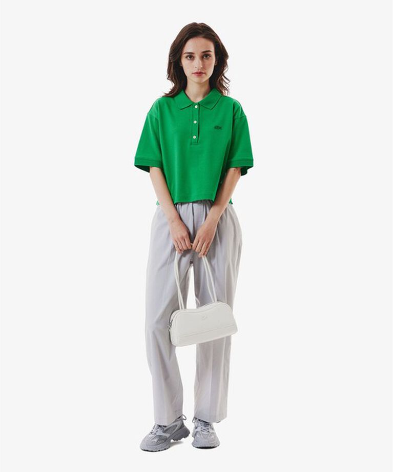 LACOSTE「ヘビーウェイト鹿の子 ワイド クロップド丈 半袖ポロシャツ」|ポロシャツ|