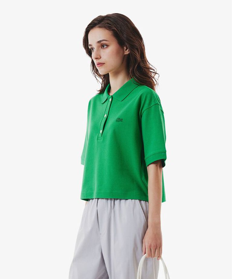 LACOSTE「ヘビーウェイト鹿の子 ワイド クロップド丈 半袖ポロシャツ」|ポロシャツ|