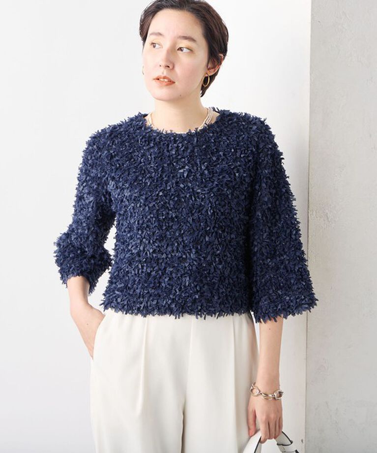 NOLLEY'S sophi「リボンニットツイードショートプルオーバーブラウス」|シャツ・ブラウス|ネイビー
