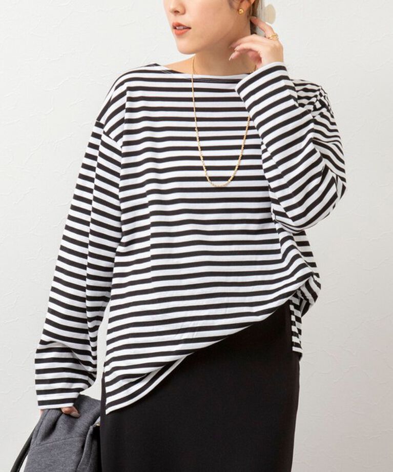 Rie Miller「《オールシーズン対応》GIZA COTTON天竺ボーダープルオーバーカットソー」|Tシャツ・カットソー|ブラック系その他3