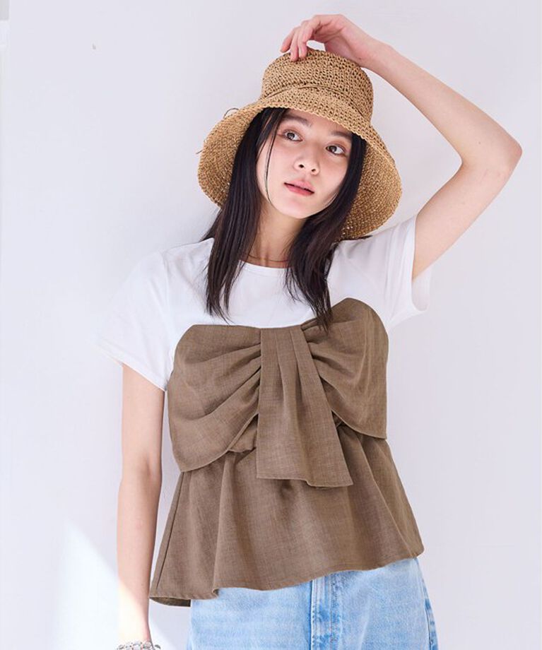 VIS「【新色追加】【美easy】ねじりリボンTシャツドッキングプルオーバー【接触冷感/洗える】」|Tシャツ・カットソー|カーキー系(38)