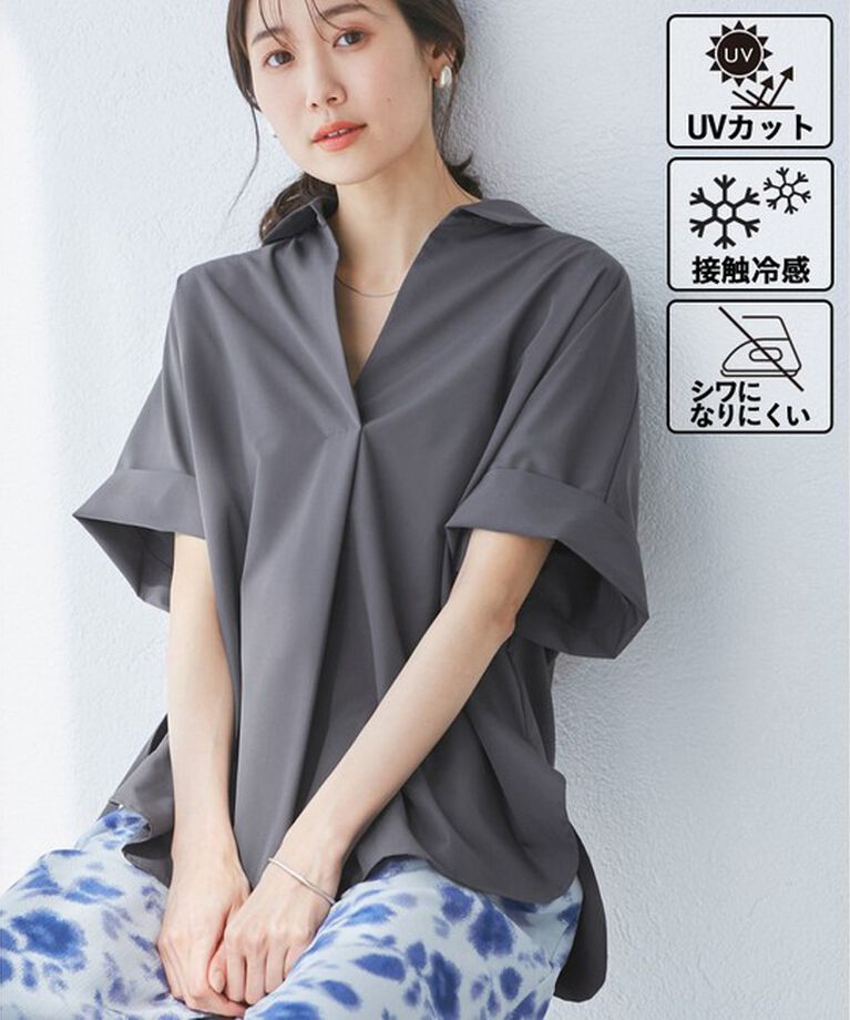 Rope’Picnic「【UVカット・接触冷感・イージーケア】スキッパーシャツブラウス」|シャツ・ブラウス|チャコール