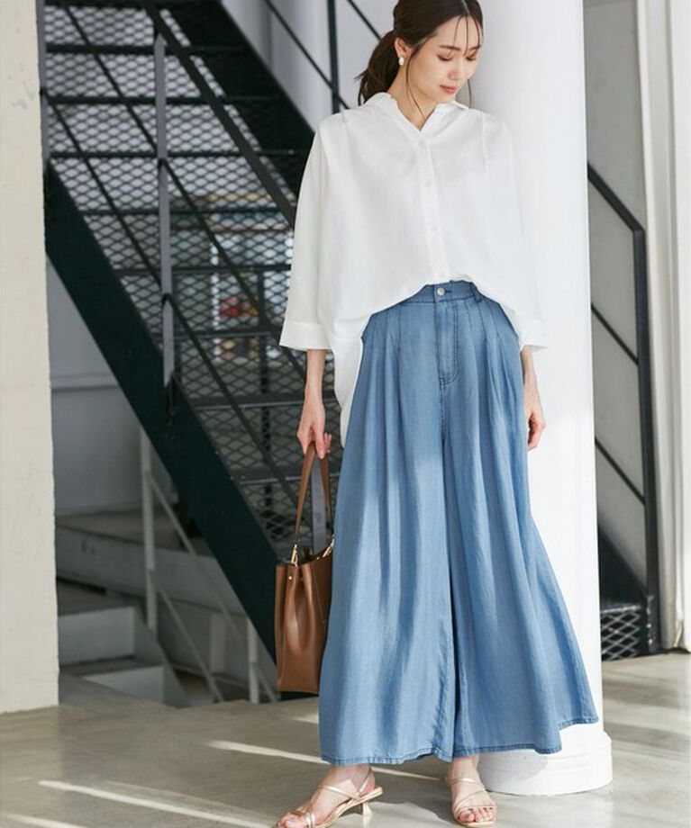 Rope’Picnic「【emur/エミュール】バイオシルクタックデニムワイドパンツ」|デニム|