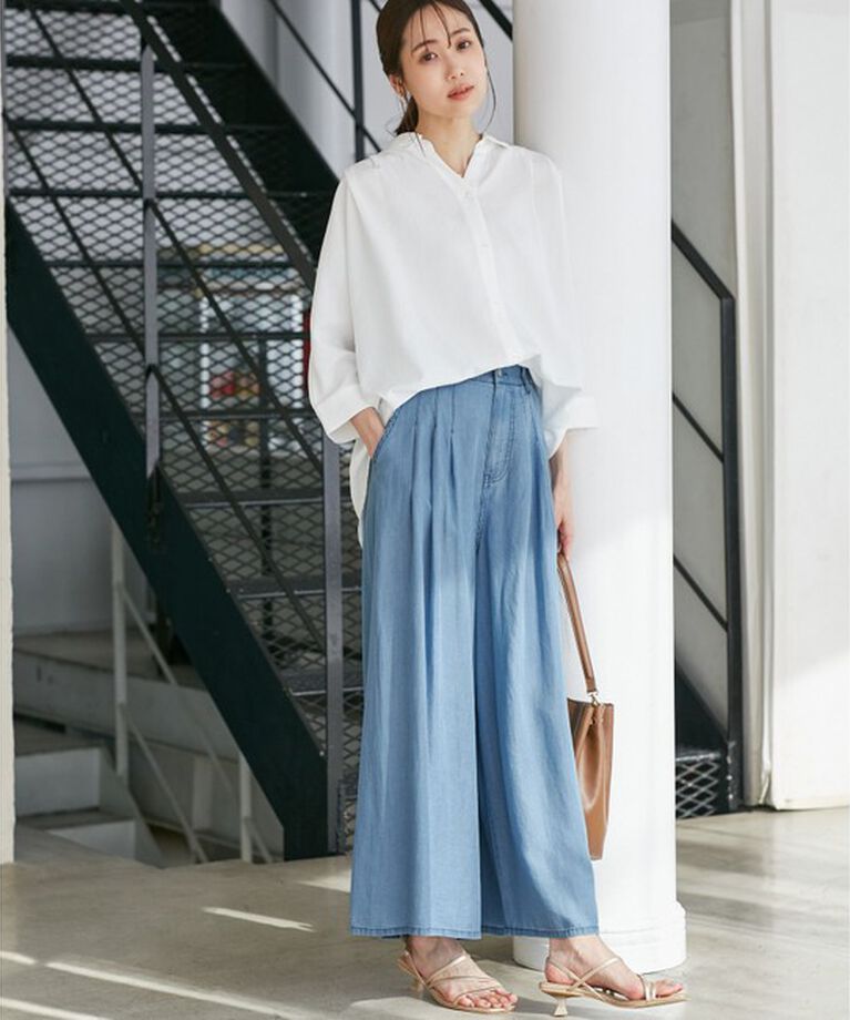 Rope’Picnic「【emur/エミュール】バイオシルクタックデニムワイドパンツ」|デニム|