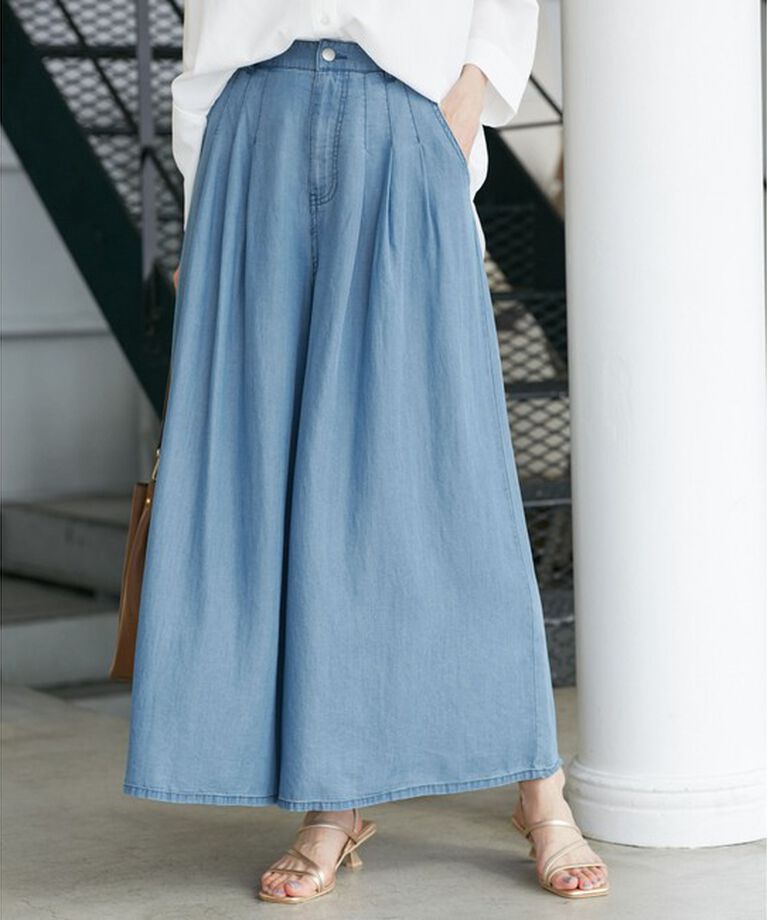 Rope’Picnic「【emur/エミュール】バイオシルクタックデニムワイドパンツ」|デニム|