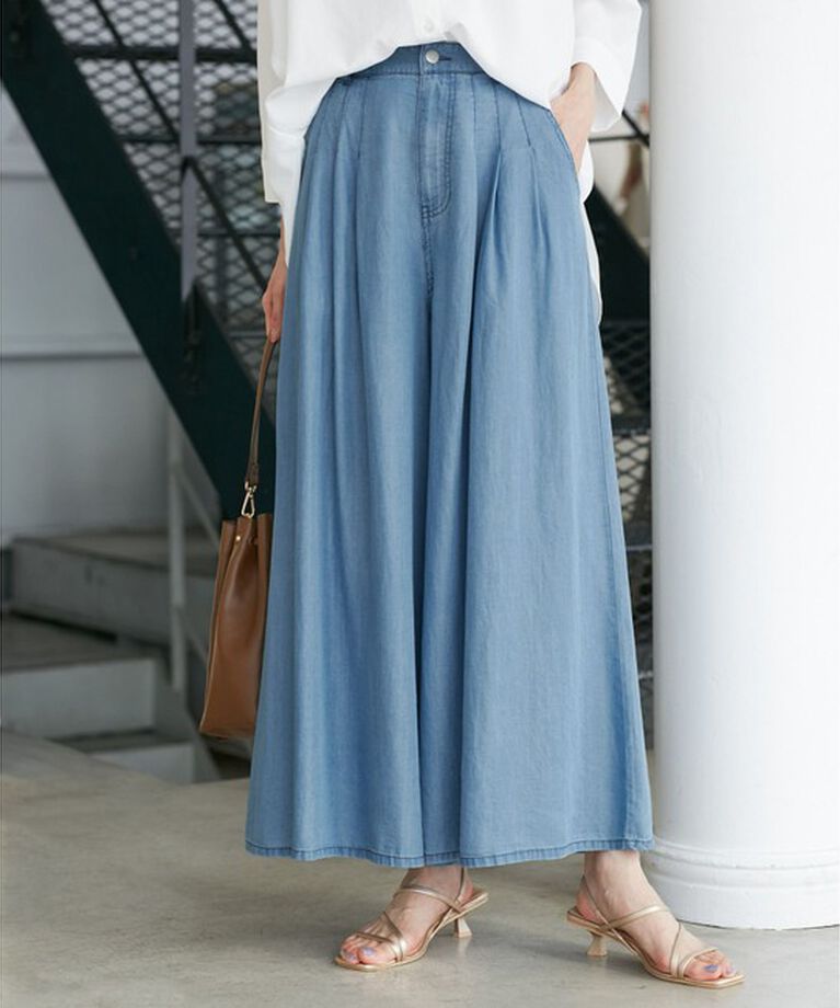 Rope’Picnic「【emur/エミュール】バイオシルクタックデニムワイドパンツ」|デニム|