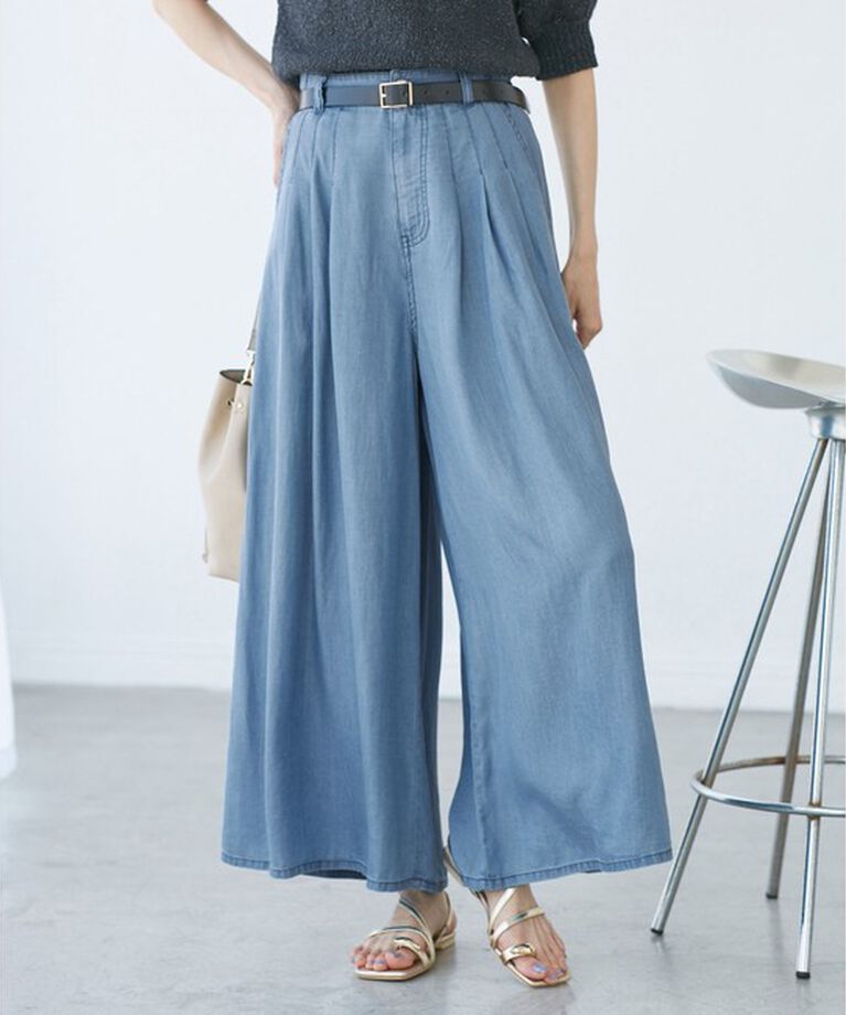 Rope’Picnic「【emur/エミュール】バイオシルクタックデニムワイドパンツ」|デニム|