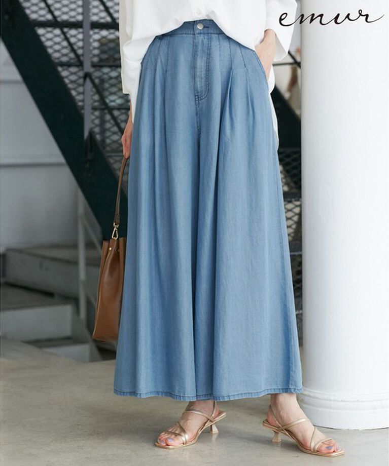 Rope’Picnic「【emur/エミュール】バイオシルクタックデニムワイドパンツ」|デニム|サックス(48)
