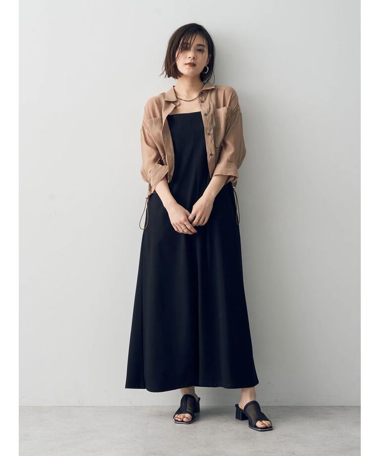YECCA VECCA「【2点SET】シアーシャツ×Aラインキャミワンピース」|ワンピース|ベージュ
