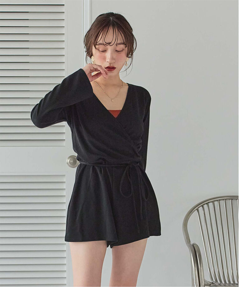 SEA DRESS「細リブカシュクールオールインワン」|コンビネゾン|ブラック