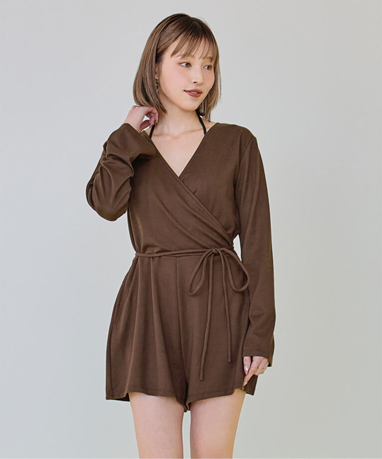 SEA DRESS「細リブカシュクールオールインワン」|コンビネゾン|ブラウン