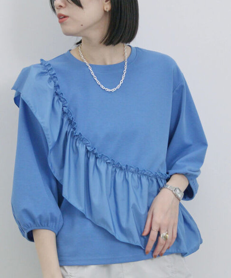 Samansa Mos2 blue「7分袖ドッキングフリルプルオーバー」|Tシャツ・カットソー|ブルー