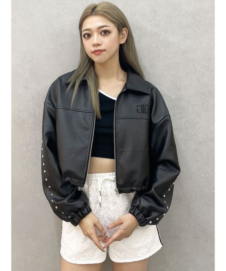 GYDA「Sleeve Studs フェイクレザージャケット」|ライダースジャケット|