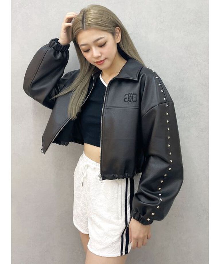 GYDA「Sleeve Studs フェイクレザージャケット」|ライダースジャケット|